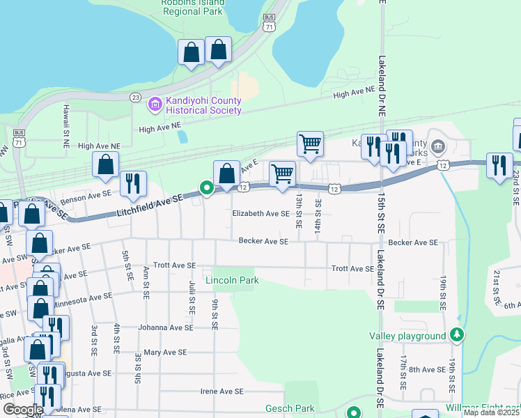 map of restaurants, bars, coffee shops, grocery stores, and more near 1029 Elizabeth Avenue Southeast in Willmar