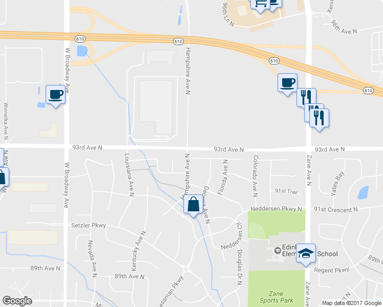map of restaurants, bars, coffee shops, grocery stores, and more near 6624 92nd Trail North in Minneapolis