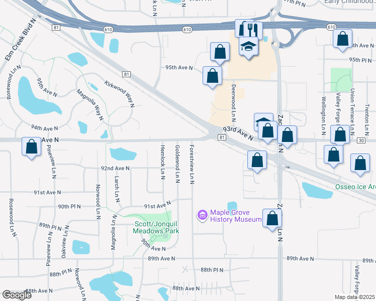 map of restaurants, bars, coffee shops, grocery stores, and more near 9261 Forestview Lane North in Maple Grove