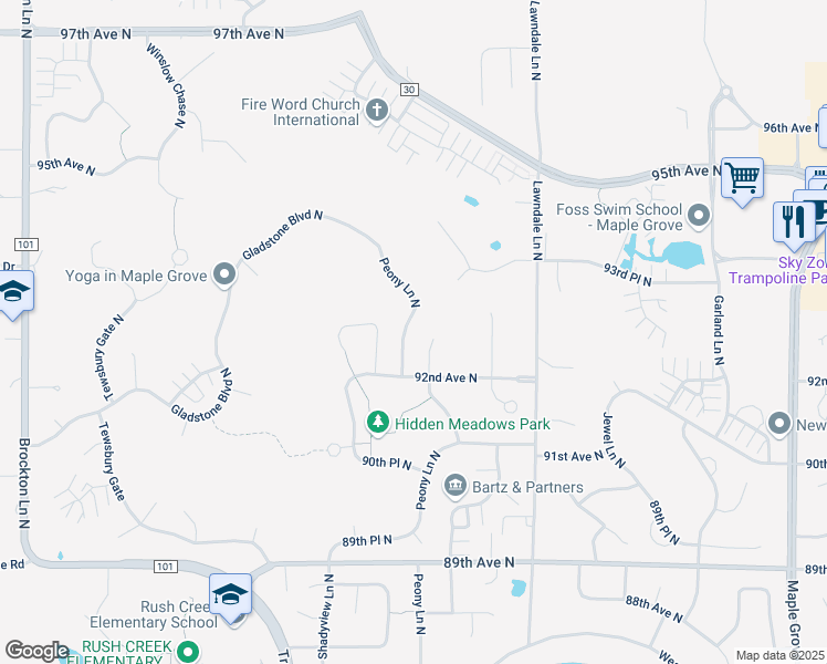 map of restaurants, bars, coffee shops, grocery stores, and more near 9256 Peony Lane North in Maple Grove