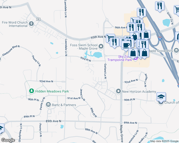 map of restaurants, bars, coffee shops, grocery stores, and more near 9289 Inland Lane North in Maple Grove