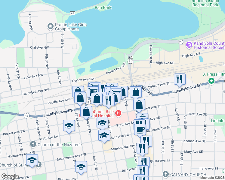 map of restaurants, bars, coffee shops, grocery stores, and more near 300 Pacific Avenue Southwest in Willmar