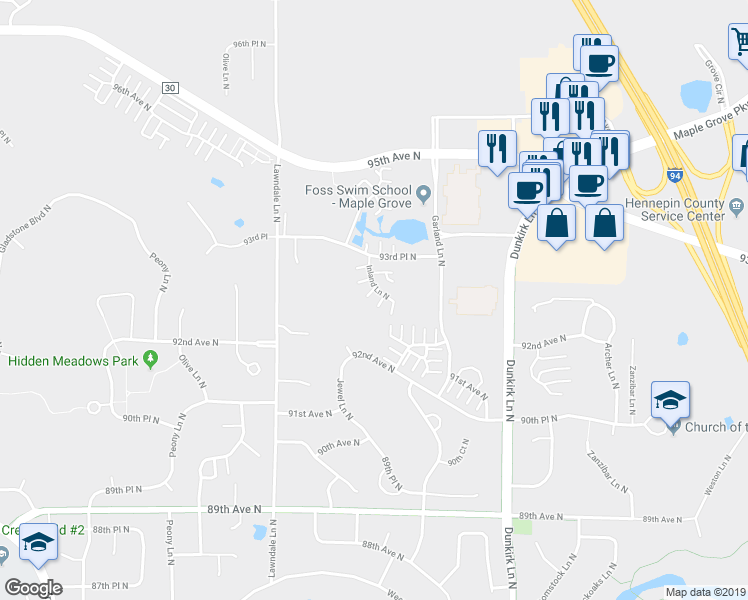 map of restaurants, bars, coffee shops, grocery stores, and more near 9277 Inland Lane North in Maple Grove