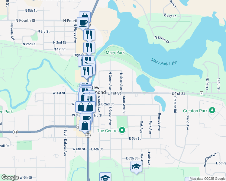 map of restaurants, bars, coffee shops, grocery stores, and more near 309 East 1st Street in New Richmond