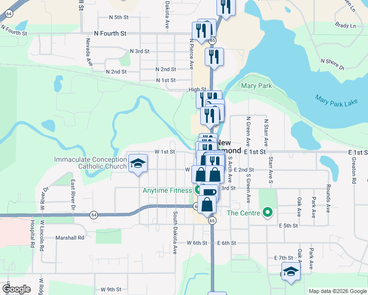 map of restaurants, bars, coffee shops, grocery stores, and more near 229 West 1st Street in New Richmond