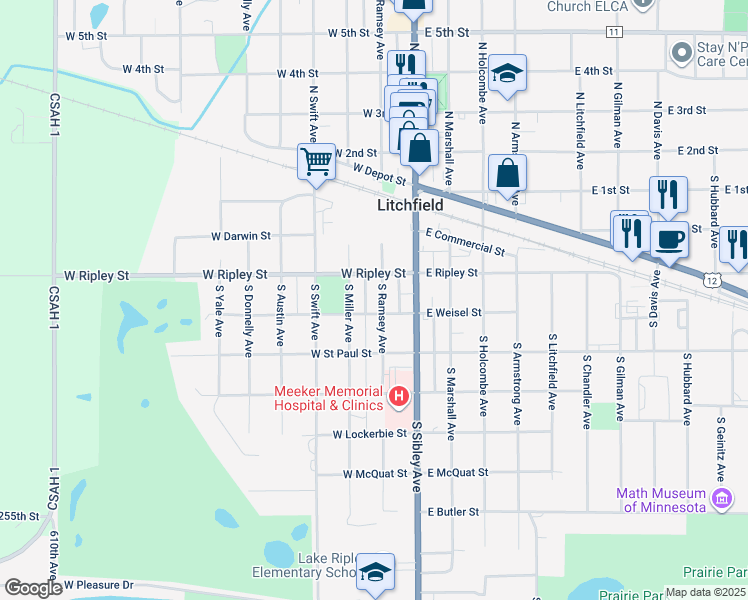 map of restaurants, bars, coffee shops, grocery stores, and more near 322 South Ramsey Avenue in Litchfield