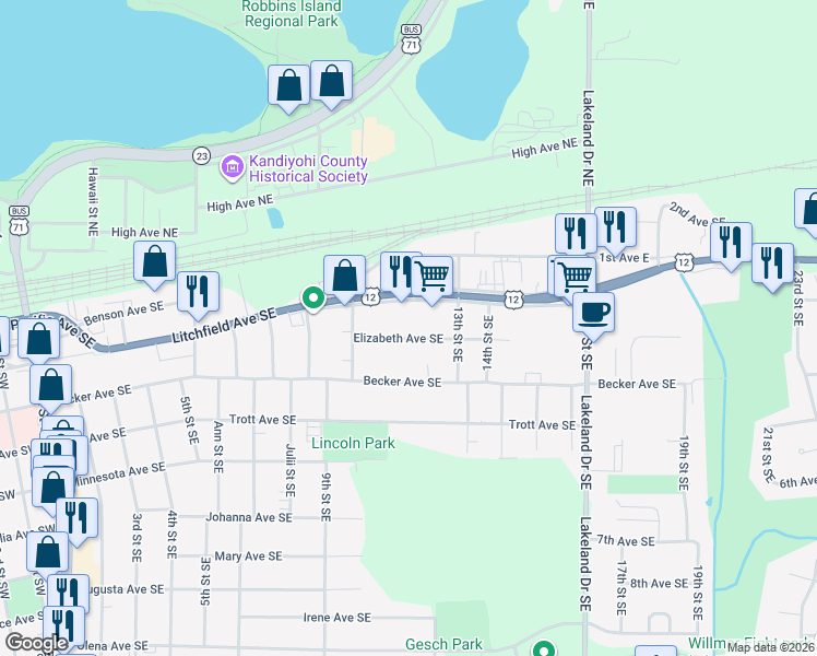 map of restaurants, bars, coffee shops, grocery stores, and more near 1029 Elizabeth Avenue Southeast in Willmar