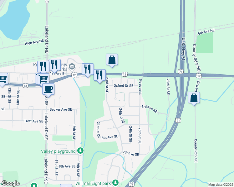 map of restaurants, bars, coffee shops, grocery stores, and more near 256 Cambridge Lane in Willmar