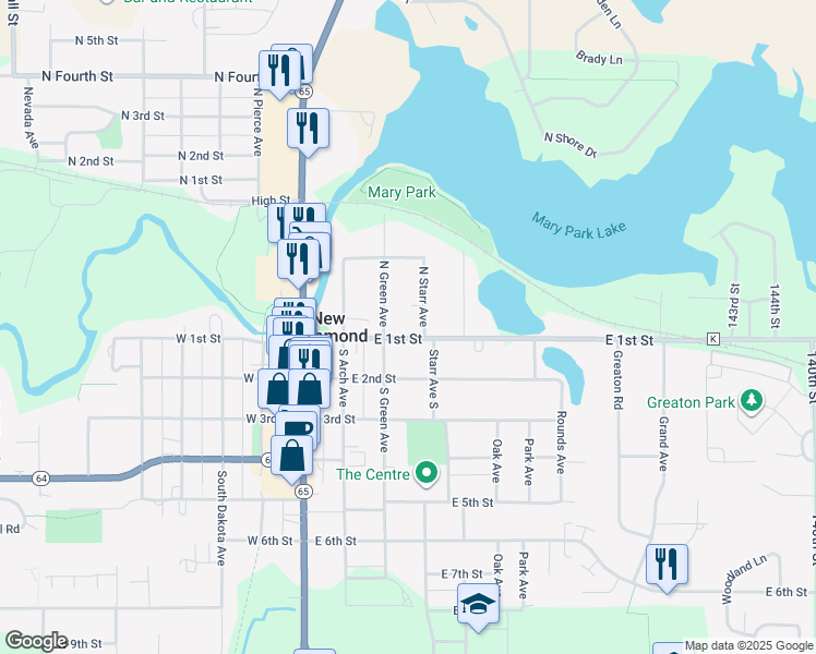 map of restaurants, bars, coffee shops, grocery stores, and more near 335 East 1st Street in New Richmond