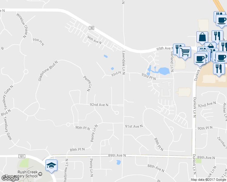 map of restaurants, bars, coffee shops, grocery stores, and more near 9252 Merrimac Lane North in Maple Grove