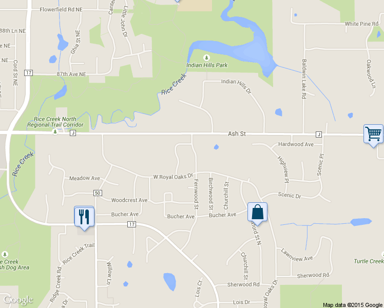 map of restaurants, bars, coffee shops, grocery stores, and more near 5973 Fernwood Street in Shoreview