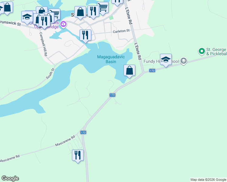 map of restaurants, bars, coffee shops, grocery stores, and more near 110 New Brunswick 172 in St. George