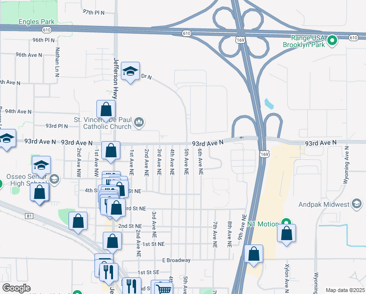 map of restaurants, bars, coffee shops, grocery stores, and more near 641 5th Avenue Northeast in Osseo