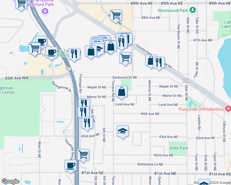 map of restaurants, bars, coffee shops, grocery stores, and more near 8449 Terrace Road Northeast in Minneapolis