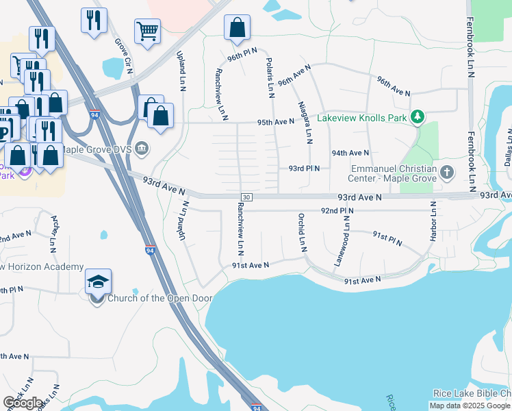 map of restaurants, bars, coffee shops, grocery stores, and more near 15384 92nd Place North in Maple Grove