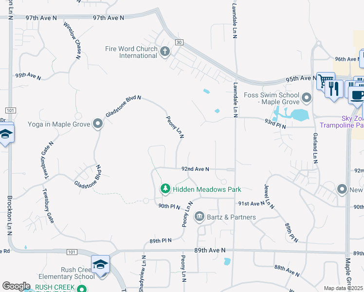 map of restaurants, bars, coffee shops, grocery stores, and more near 9256 Peony Lane North in Maple Grove