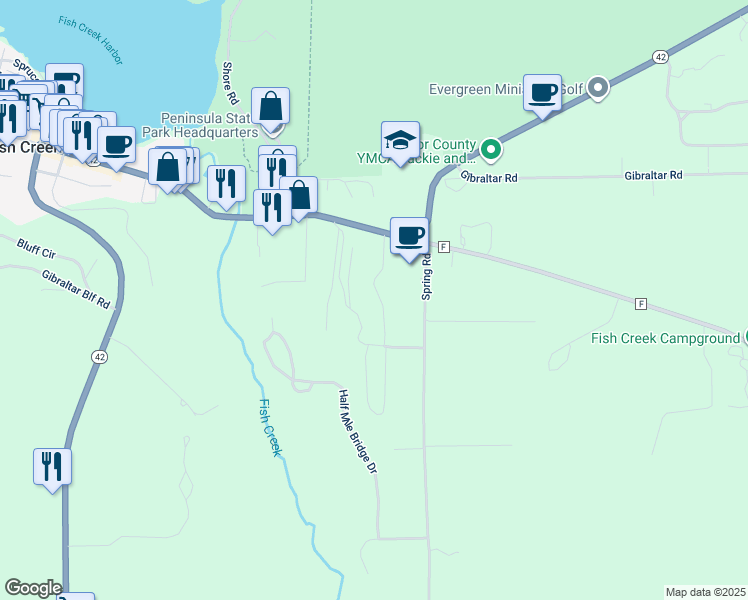 map of restaurants, bars, coffee shops, grocery stores, and more near 9321 Field Stone Court in Fish Creek