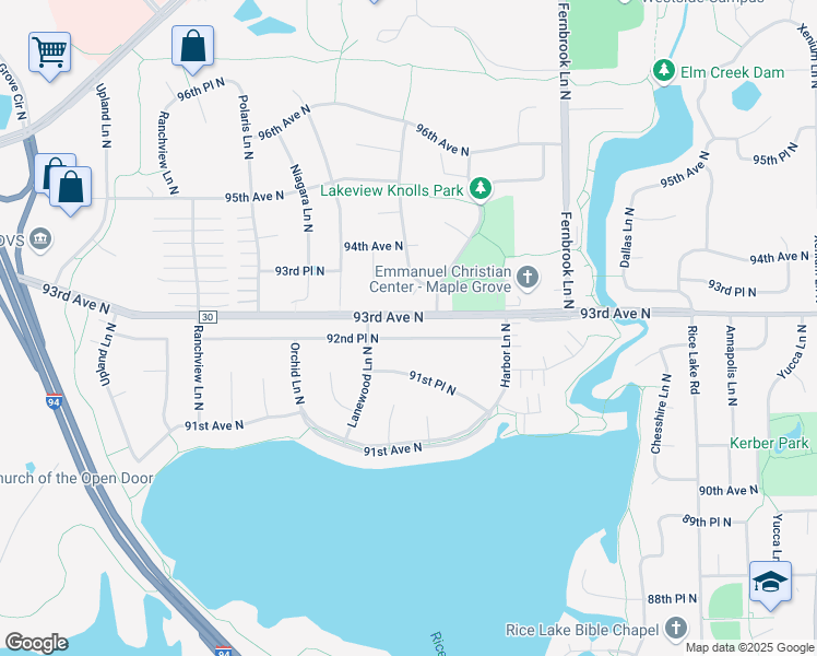 map of restaurants, bars, coffee shops, grocery stores, and more near 14804 92nd Place North in Maple Grove