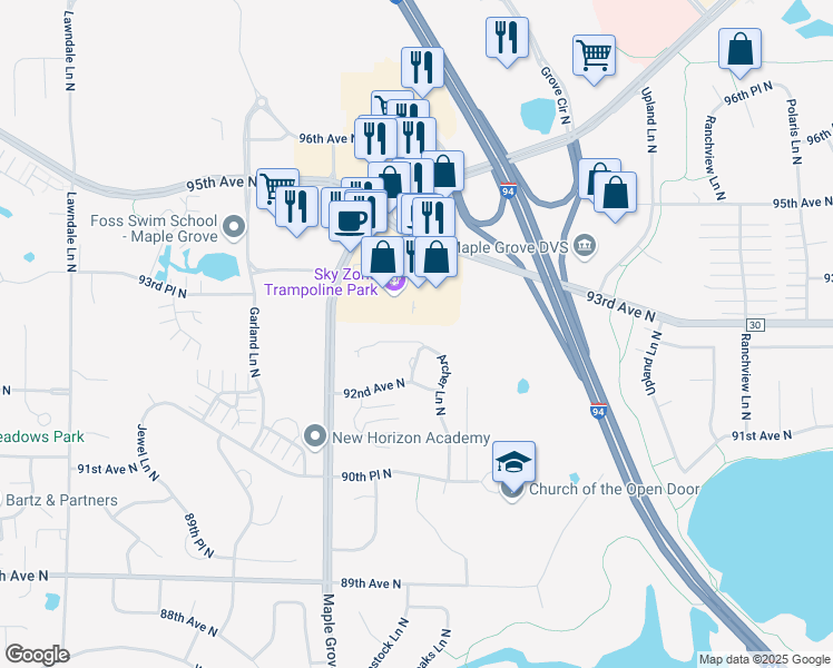 map of restaurants, bars, coffee shops, grocery stores, and more near 9264 Blackoaks Court North in Osseo