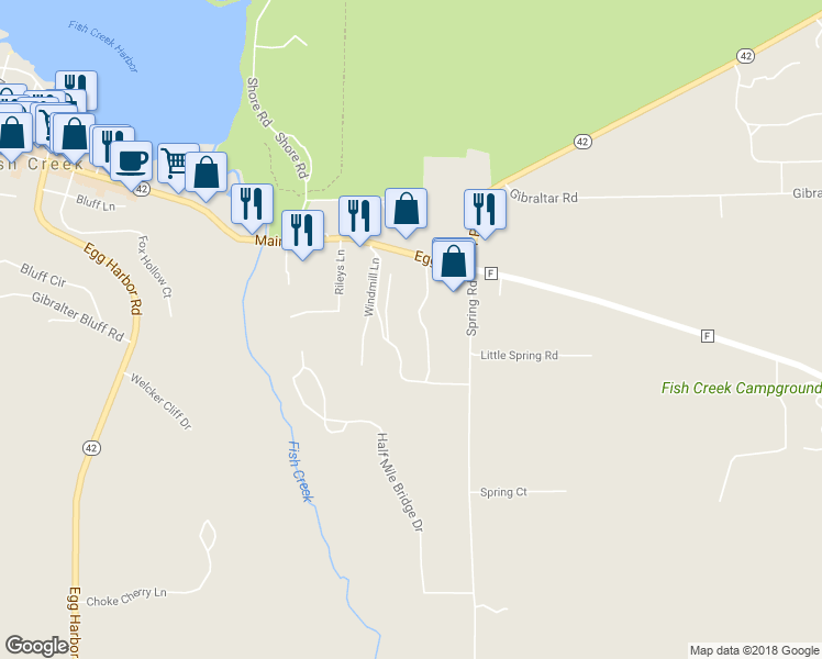 map of restaurants, bars, coffee shops, grocery stores, and more near 9321 Field Stone Court in Fish Creek