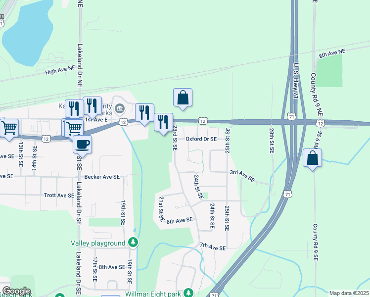 map of restaurants, bars, coffee shops, grocery stores, and more near 256 Cambridge Lane in Willmar
