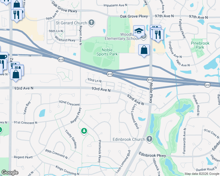 map of restaurants, bars, coffee shops, grocery stores, and more near 4908 93rd Avenue North in Brooklyn Park