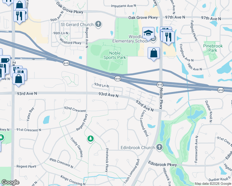 map of restaurants, bars, coffee shops, grocery stores, and more near 4908 93rd Avenue North in Brooklyn Park