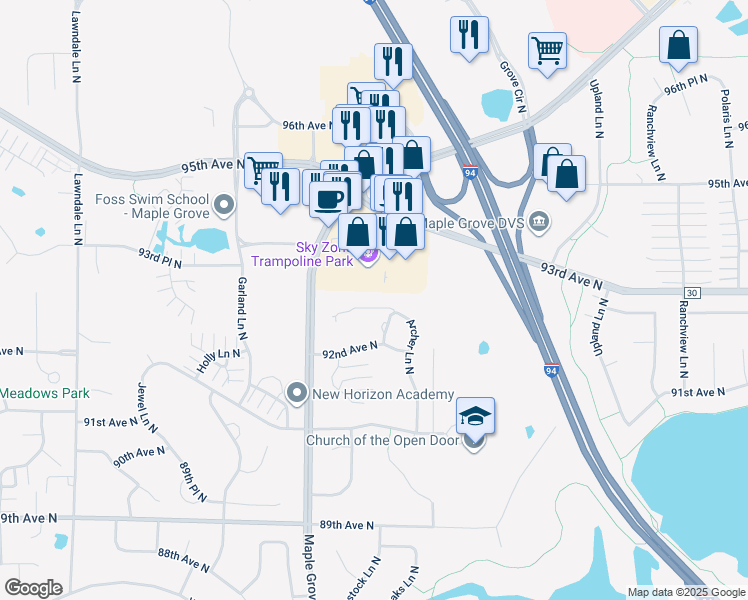 map of restaurants, bars, coffee shops, grocery stores, and more near 9264 Blackoaks Court North in Osseo