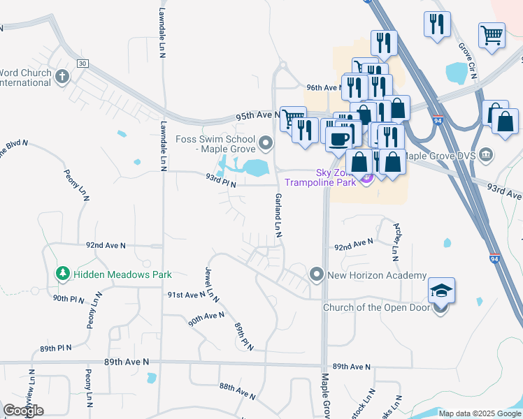 map of restaurants, bars, coffee shops, grocery stores, and more near 9325 Garland Lane North in Maple Grove