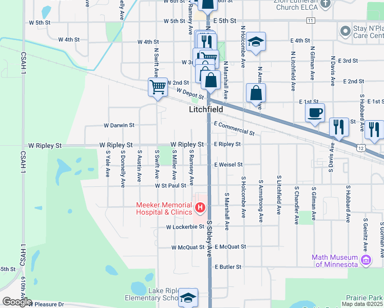 map of restaurants, bars, coffee shops, grocery stores, and more near 322 South Ramsey Avenue in Litchfield
