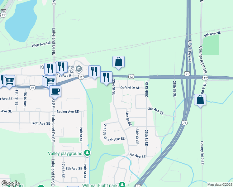 map of restaurants, bars, coffee shops, grocery stores, and more near 256 Cambridge Lane in Willmar