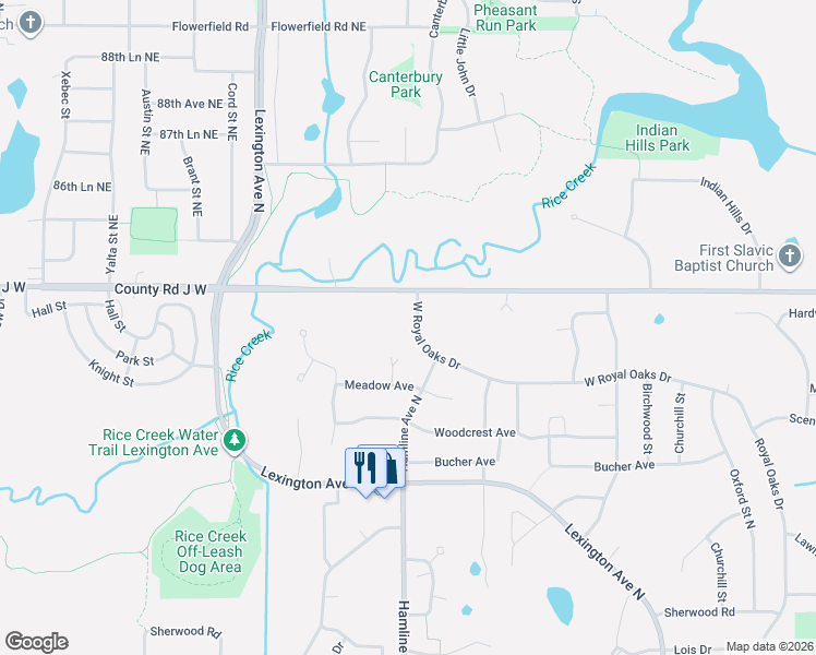 map of restaurants, bars, coffee shops, grocery stores, and more near 1314 West Royal Oaks Drive in Shoreview