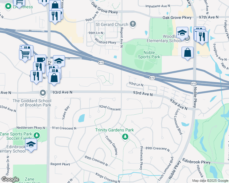 map of restaurants, bars, coffee shops, grocery stores, and more near 5396 93rd Avenue North in Brooklyn Park