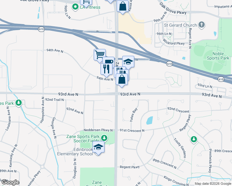 map of restaurants, bars, coffee shops, grocery stores, and more near 6300 93rd Avenue North in Brooklyn Park
