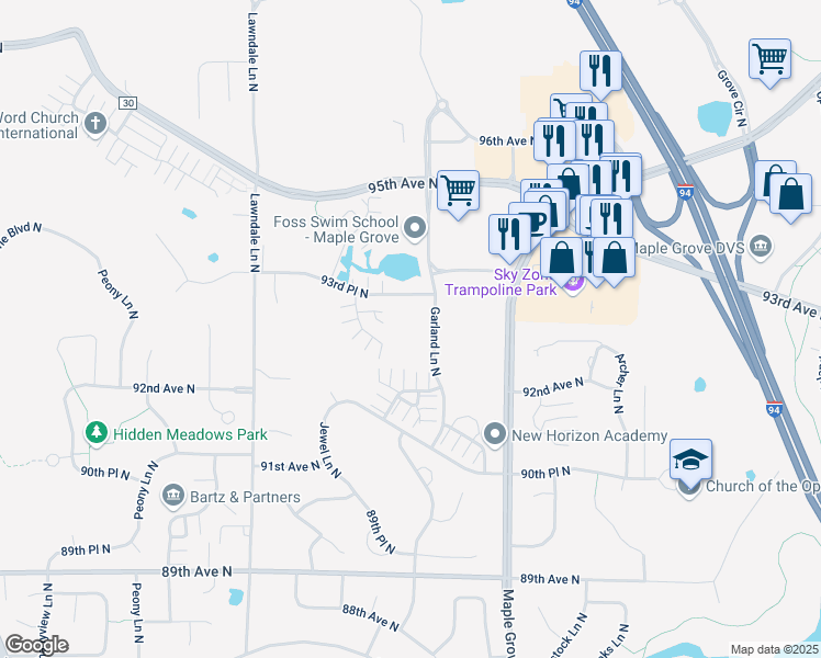 map of restaurants, bars, coffee shops, grocery stores, and more near 9325 Garland Lane North in Maple Grove