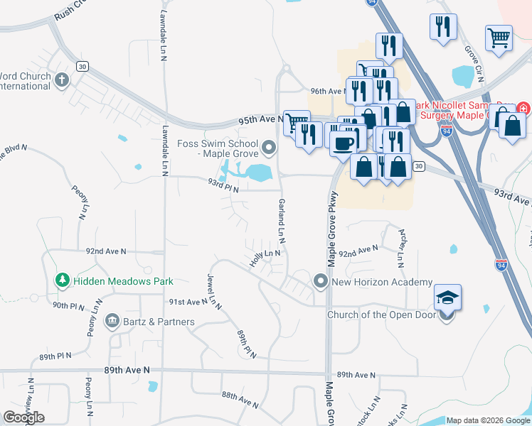 map of restaurants, bars, coffee shops, grocery stores, and more near 9325 Garland Lane North in Maple Grove