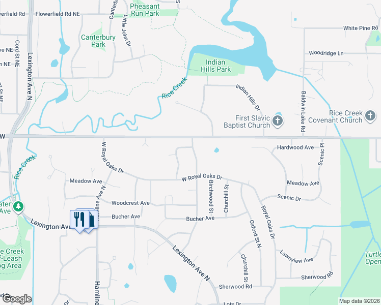 map of restaurants, bars, coffee shops, grocery stores, and more near 5973 Fernwood Street in Shoreview