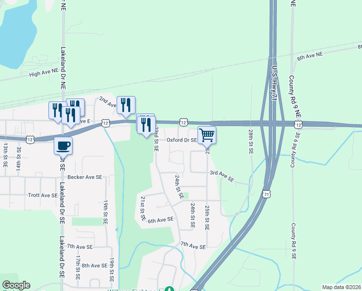 map of restaurants, bars, coffee shops, grocery stores, and more near 200 Terraplane Drive Southeast in Willmar