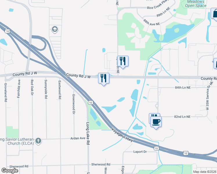 map of restaurants, bars, coffee shops, grocery stores, and more near 2400 County Road J in Saint Paul