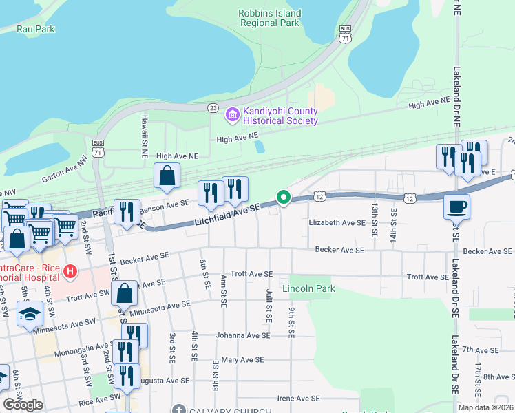 map of restaurants, bars, coffee shops, grocery stores, and more near 706 Litchfield Avenue Southeast in Willmar
