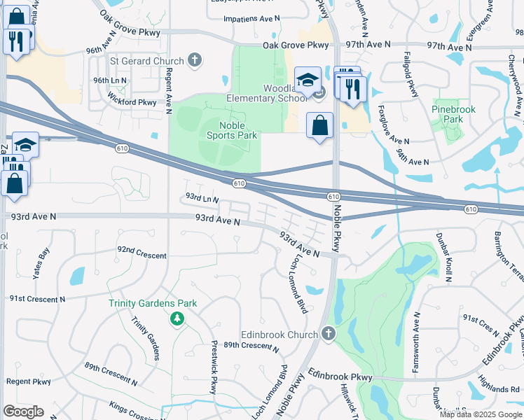 map of restaurants, bars, coffee shops, grocery stores, and more near 9317 Prestwick Lane North in Brooklyn Park