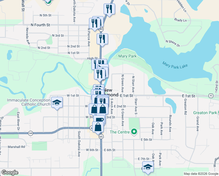 map of restaurants, bars, coffee shops, grocery stores, and more near 143 North Arch Avenue in New Richmond