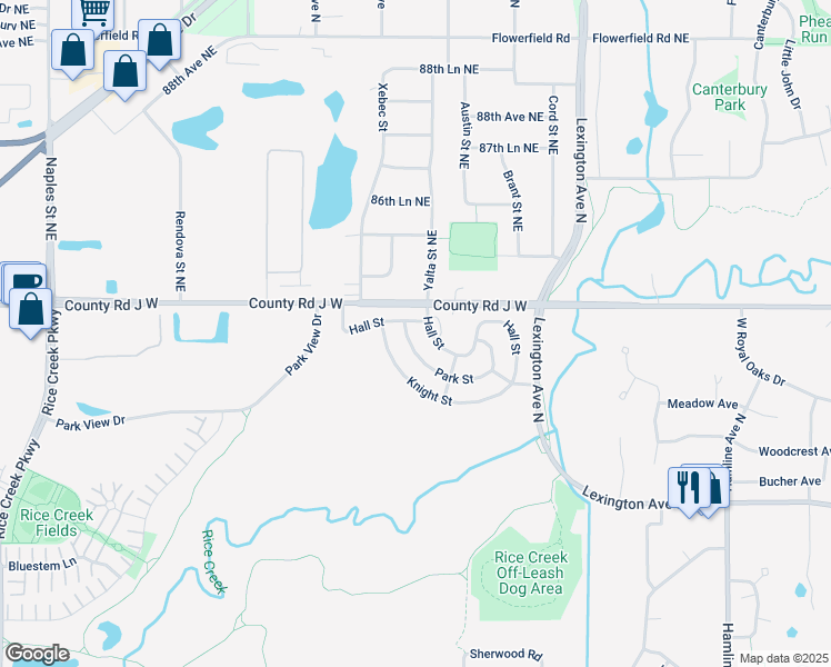 map of restaurants, bars, coffee shops, grocery stores, and more near 1582-1598 Hall Street in Shoreview