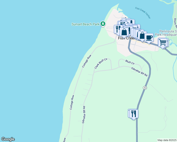 map of restaurants, bars, coffee shops, grocery stores, and more near 9331 Gibralter Bluff Road in Fish Creek