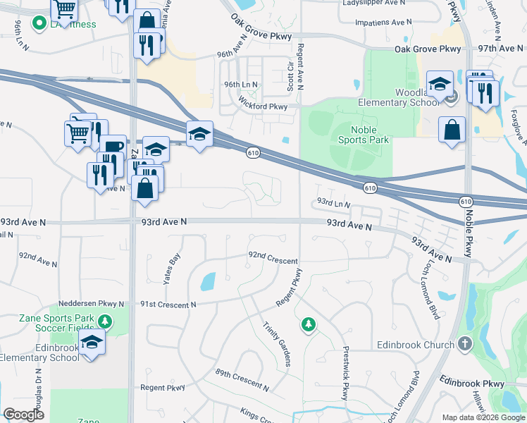 map of restaurants, bars, coffee shops, grocery stores, and more near 9253 Trinity Gardens in Minneapolis