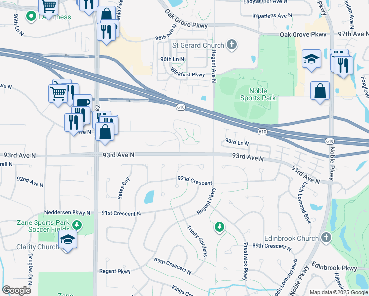 map of restaurants, bars, coffee shops, grocery stores, and more near 9253 Trinity Gardens in Minneapolis