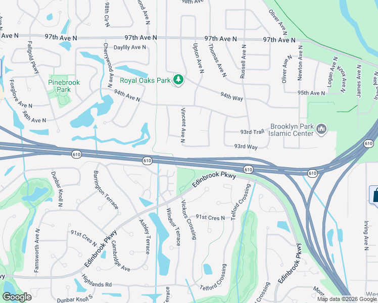 map of restaurants, bars, coffee shops, grocery stores, and more near 2819 93rd Way in Brooklyn Park
