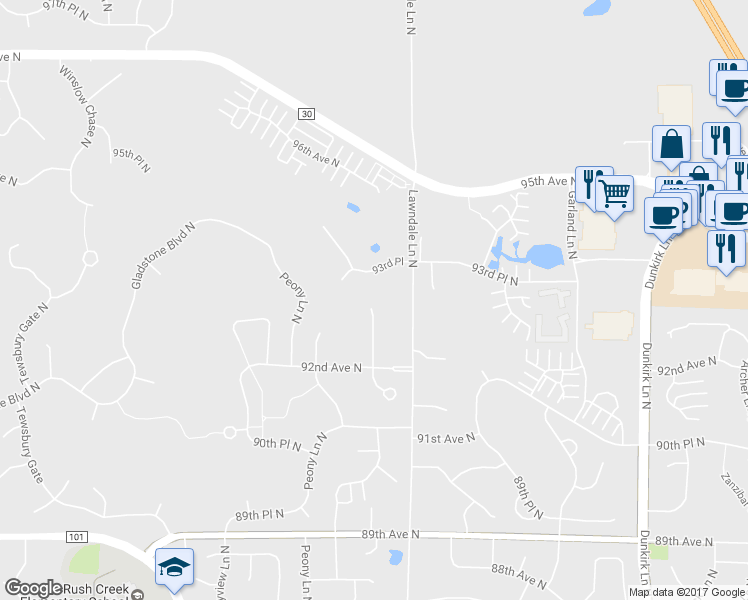 map of restaurants, bars, coffee shops, grocery stores, and more near 9252 Merrimac Lane North in Maple Grove