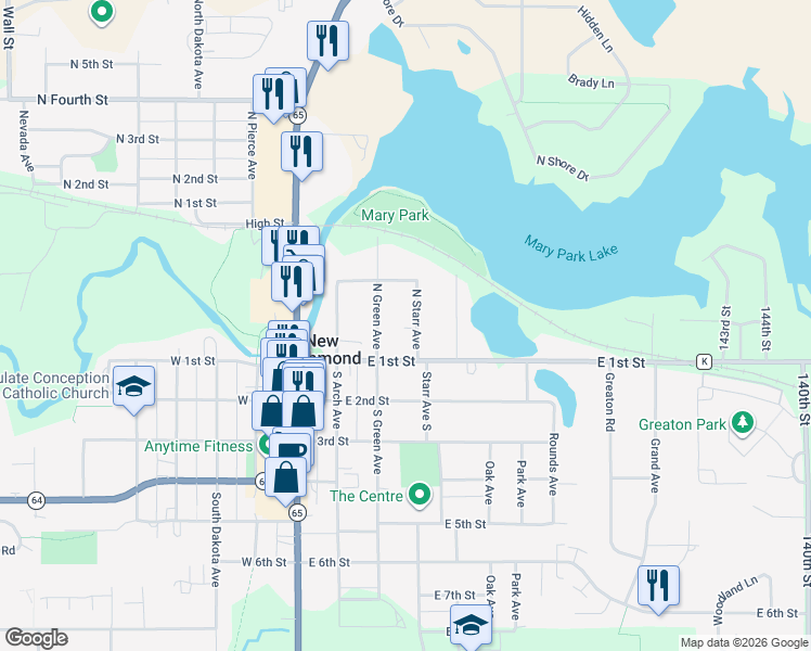 map of restaurants, bars, coffee shops, grocery stores, and more near 335 East 1st Street in New Richmond