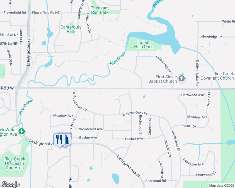 map of restaurants, bars, coffee shops, grocery stores, and more near 5949 Dellwood Avenue in Shoreview